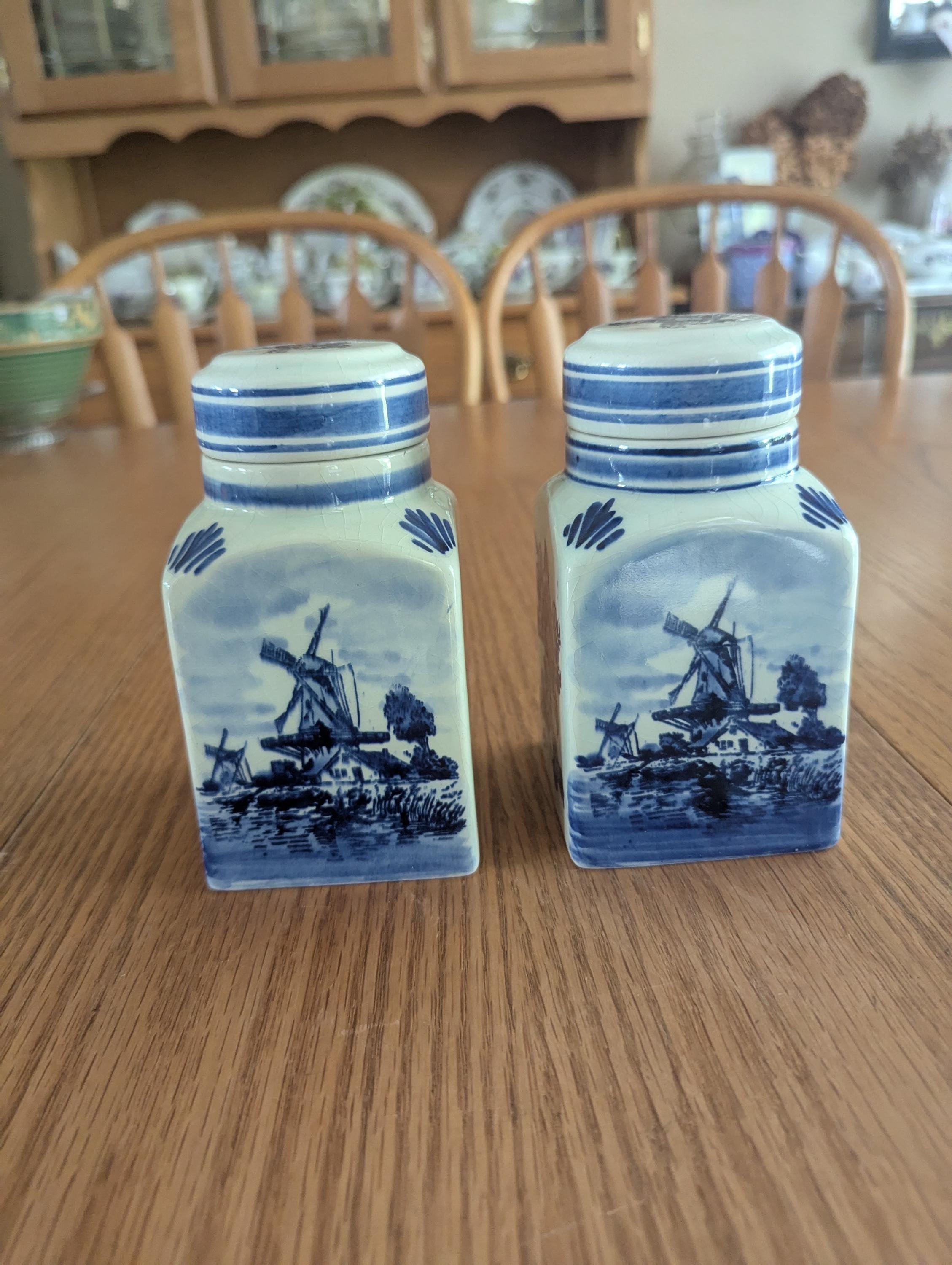A Set of 2 Delft Blue Hand Painted Windmill Petite Canisters Made