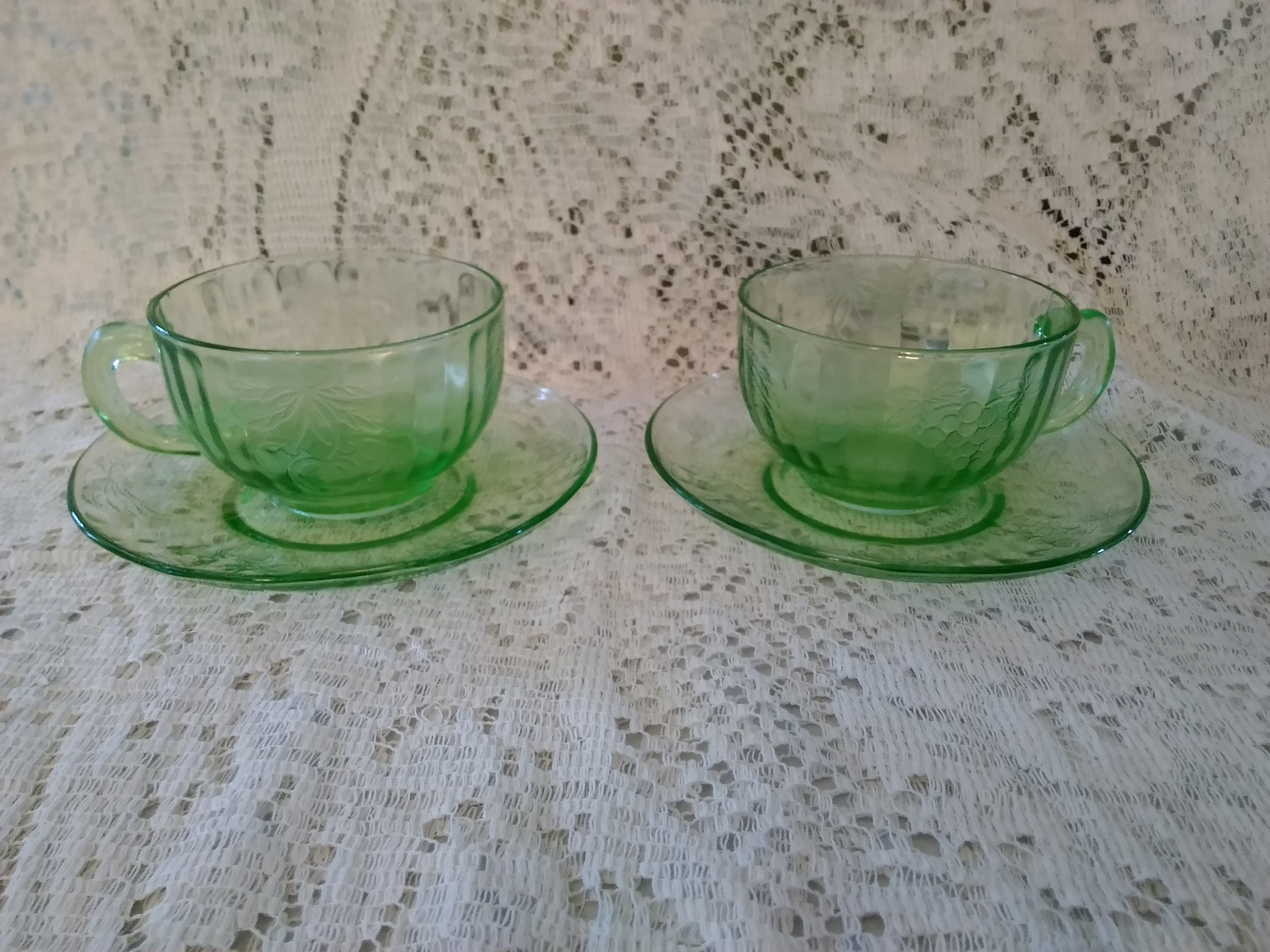 A Set of 2 Hazel Atlas Uranium Green Depression Glass Ribbed Cup
