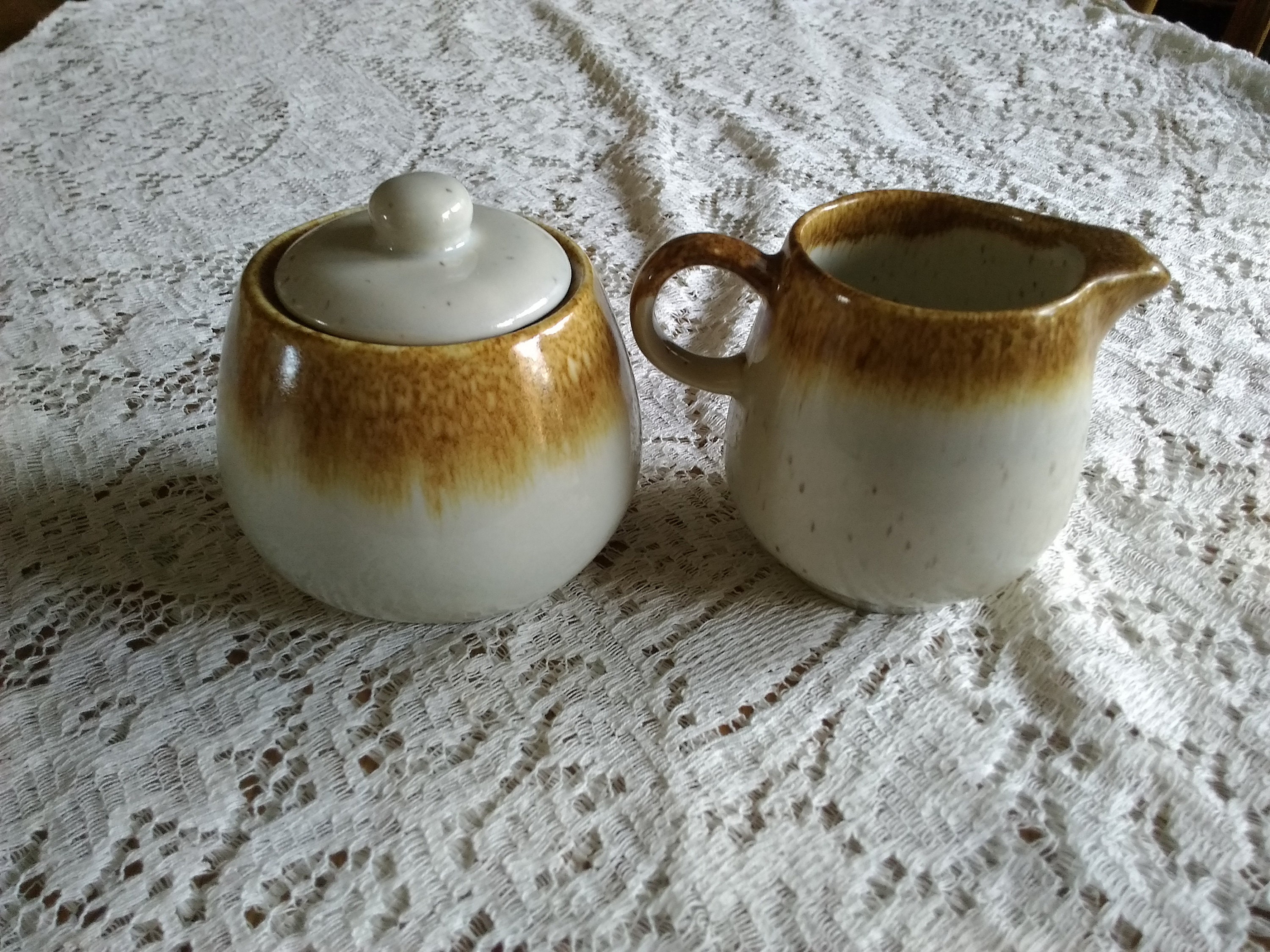 A Marked 7020 Mccoy Pottery Lidded Sugar Bowl and Creamer in Their 