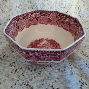 A Masons Ironstone 6.5&quot; wide octagon shaped bowl in the Vista pattern of pink/red and white transferware.  Bowl 1090