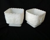 Opalescent white milk glass square planters in Colony Harvest pattern. Milk Glass 23