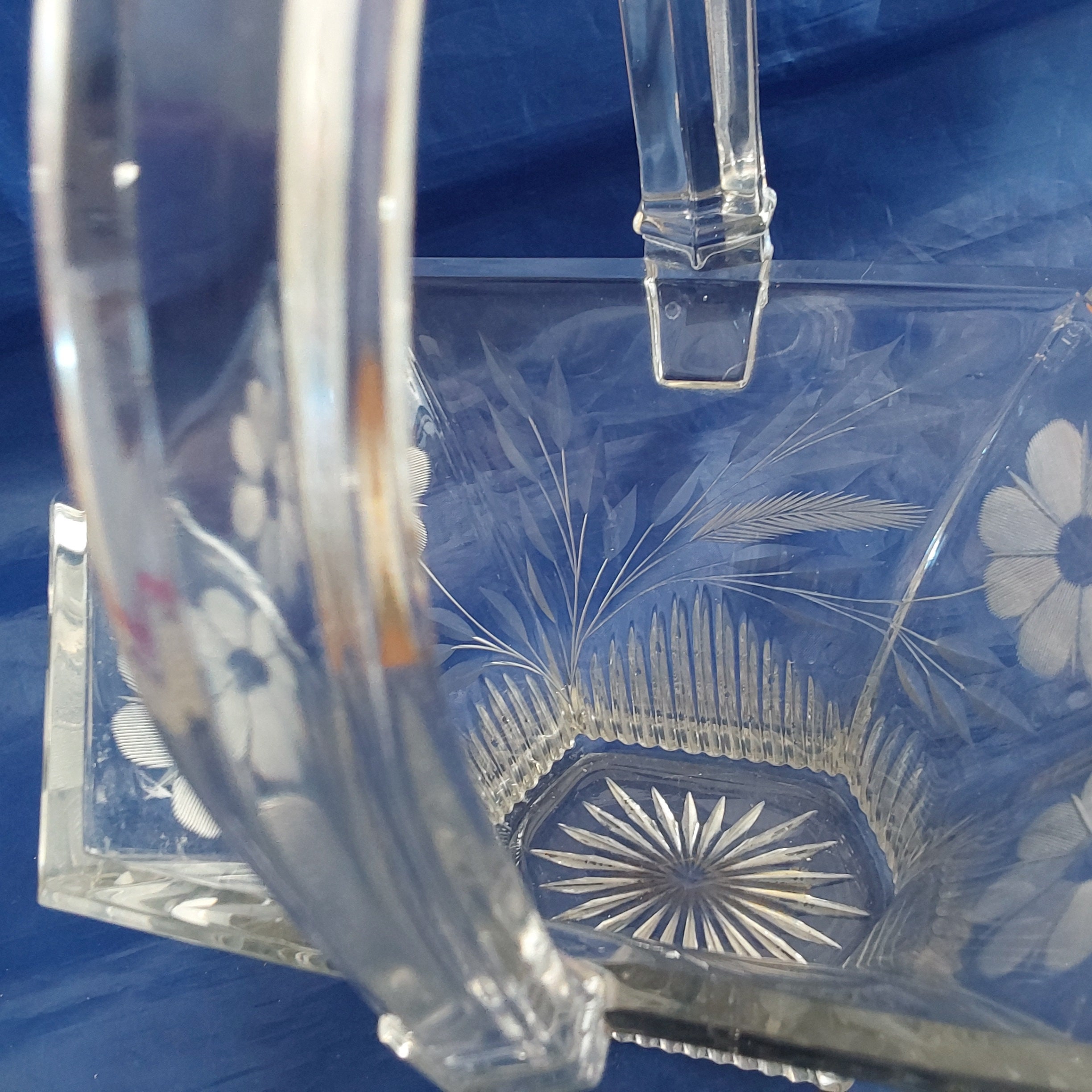 Heisey Glass Six Sided Basket of Etched Leaves and Flowers Heisey Glass Six Sided Basket of Etched Leaves and Flowers