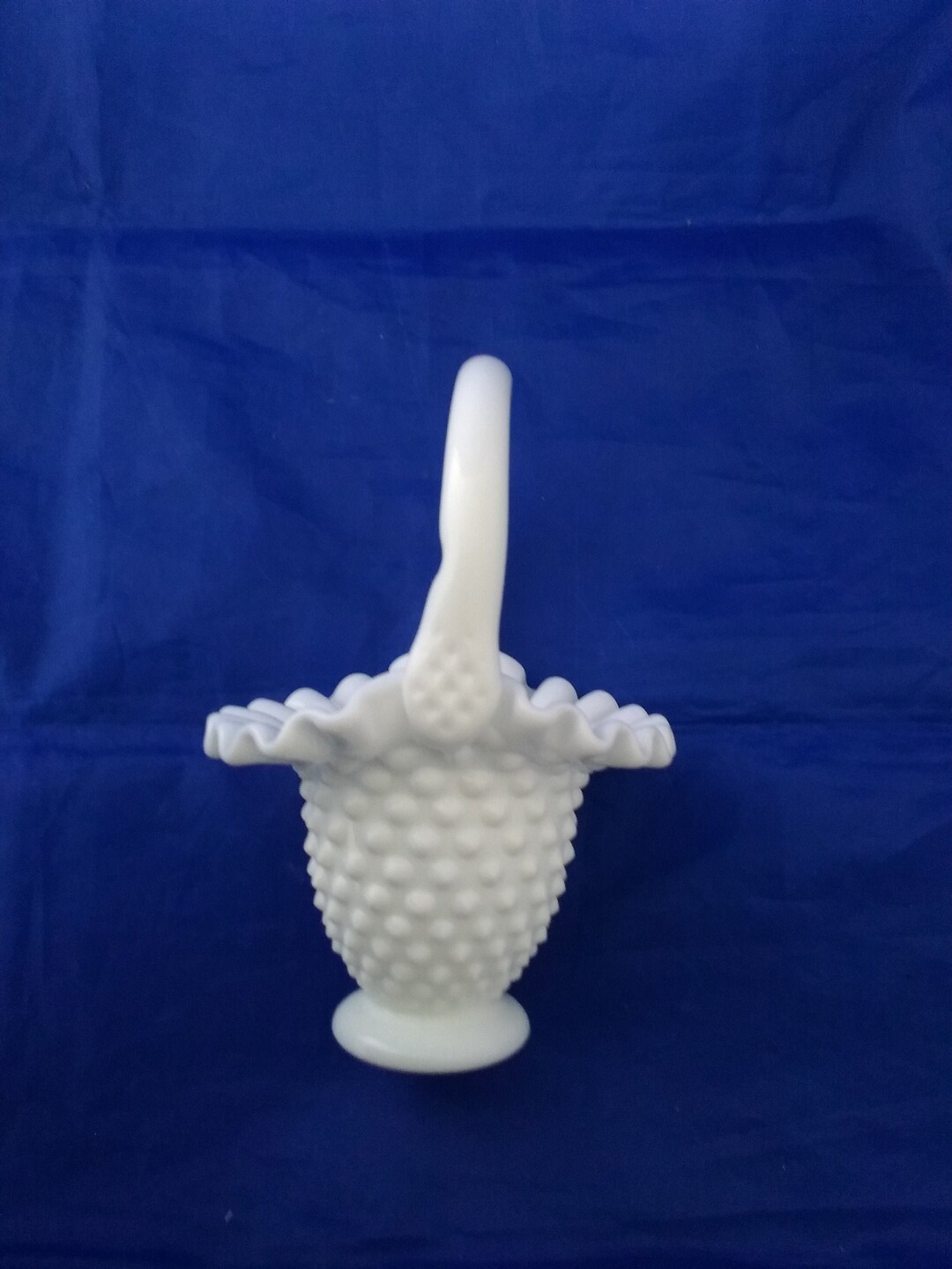 Fenton Small White Milk Glass Basket With Handle in Hobnail Design With