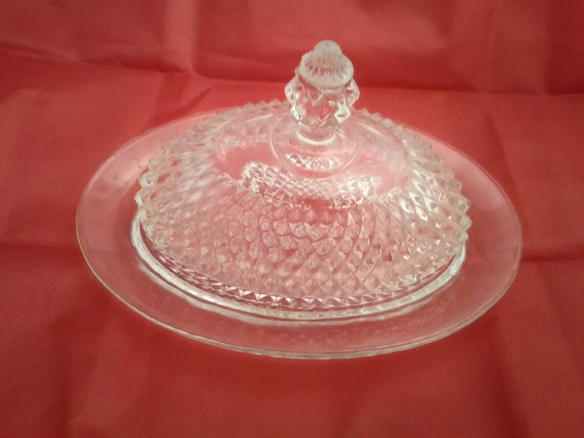 An Indiana Glass Clear Oval Butter Dish in Diamond Point With Etsy