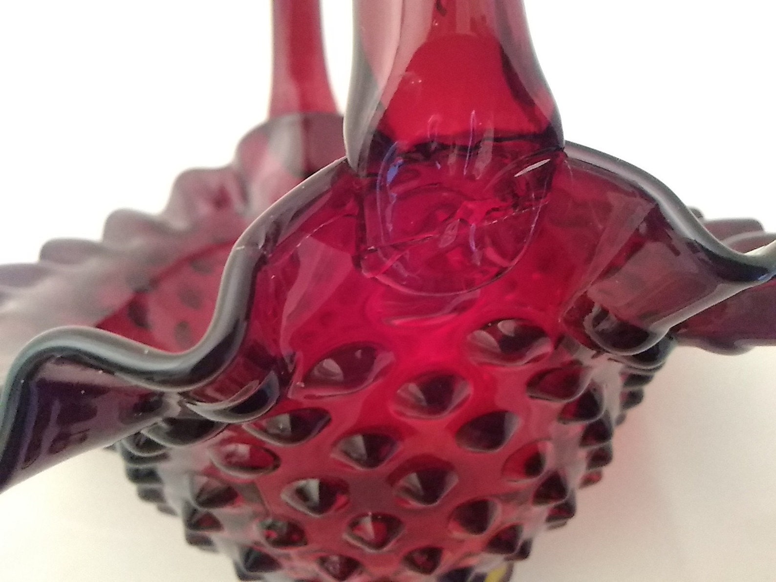A red glass Fenton hobnail basket with handle. Misc 489 Etsy