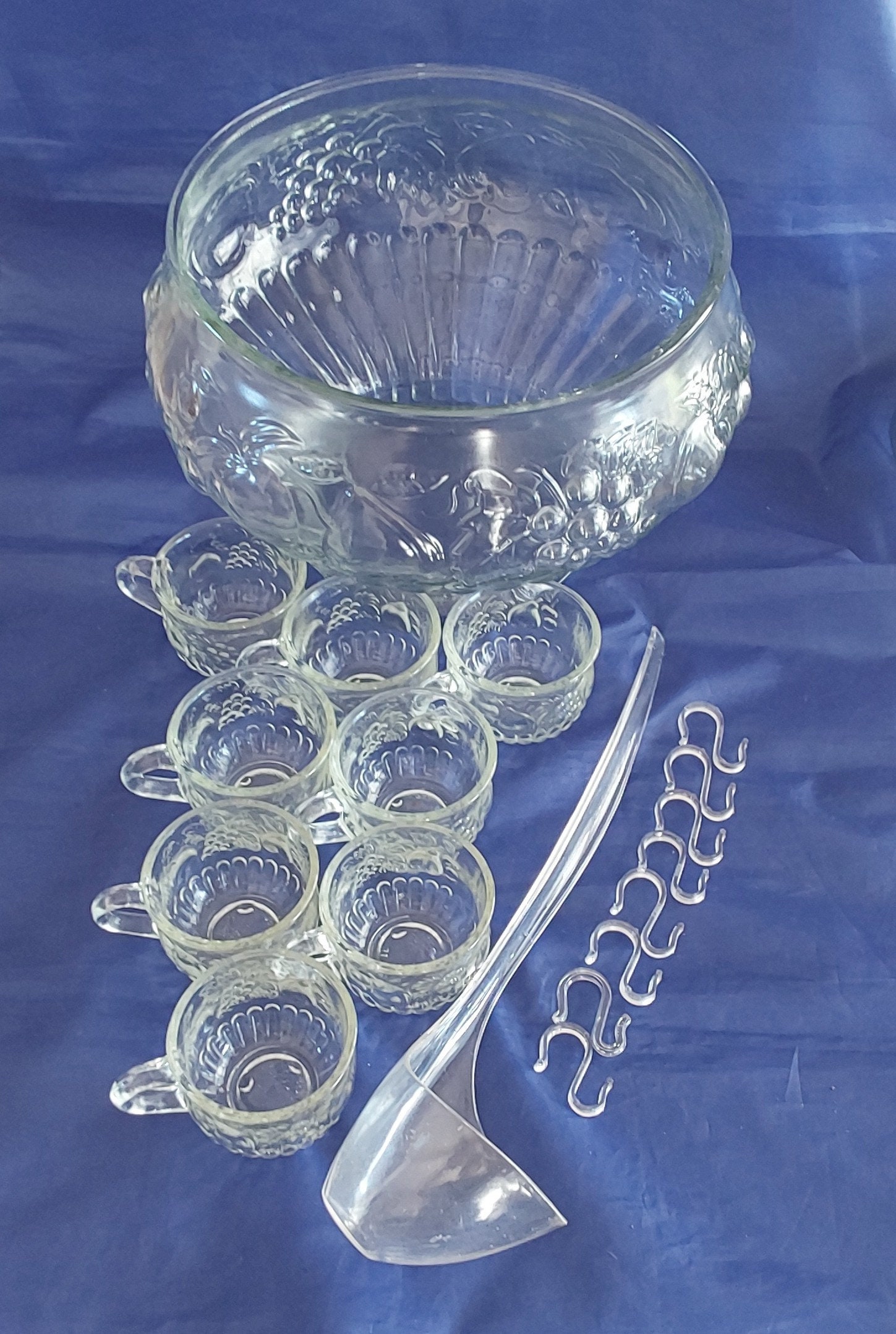 A Clear Jeanette Glass Fruit Embossed Punch Bowl Plus 8 Matching