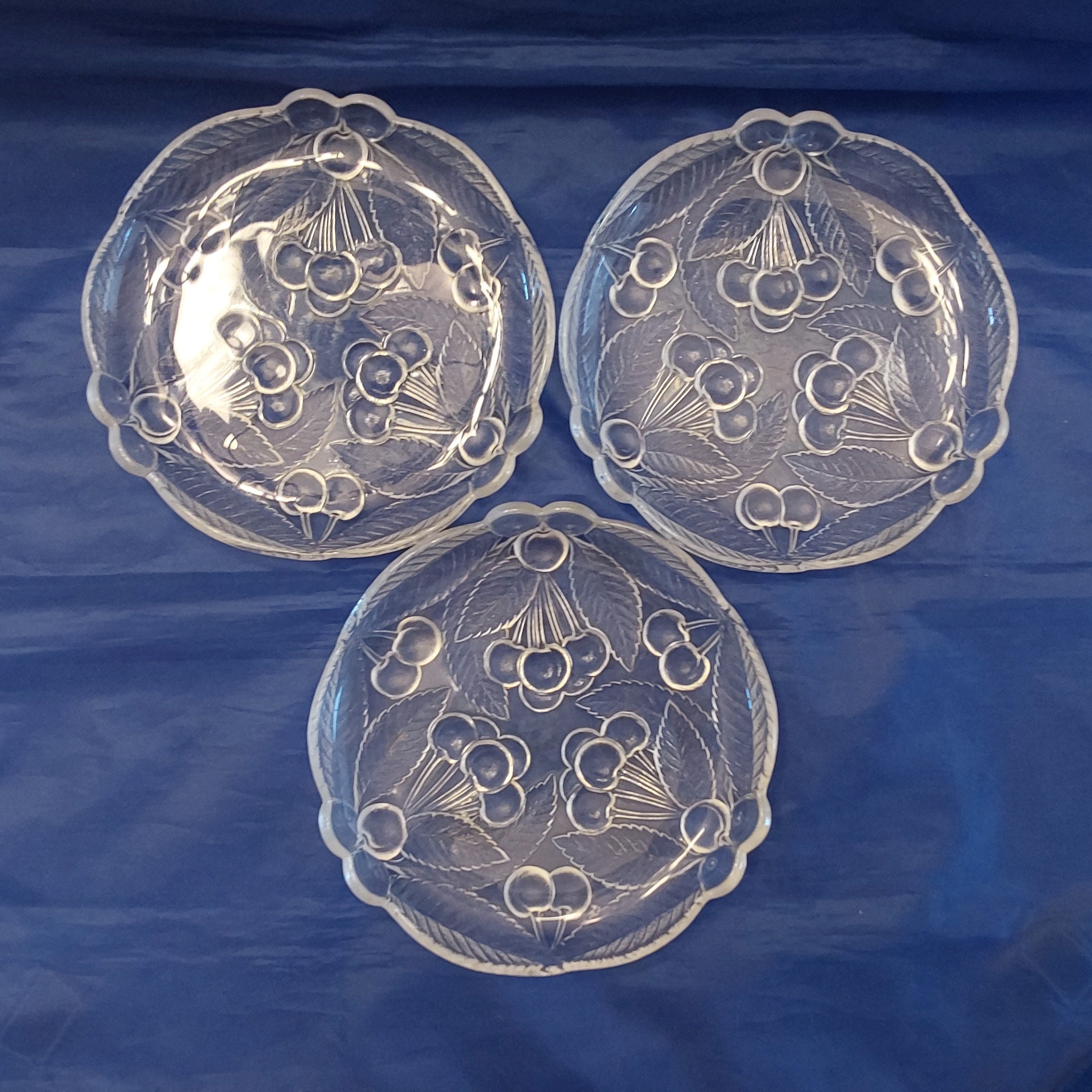 A Matching Set of 3 Mikasa Clear Glass Raised Cherry Design on 7.5