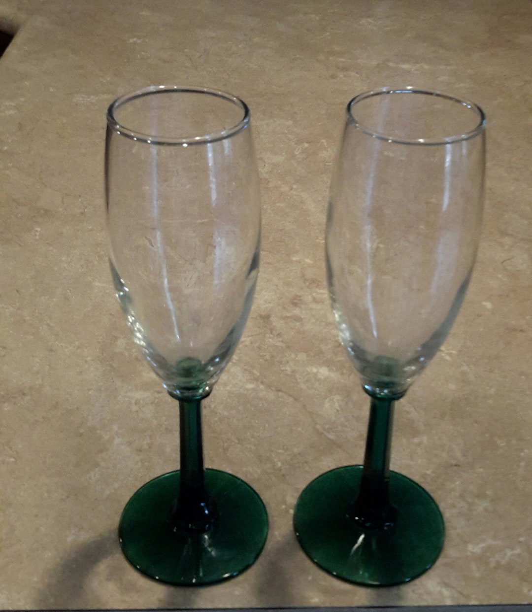 Set 2 Champagne Flutes With Long Slender Green Stems. Bar 65 Etsy
