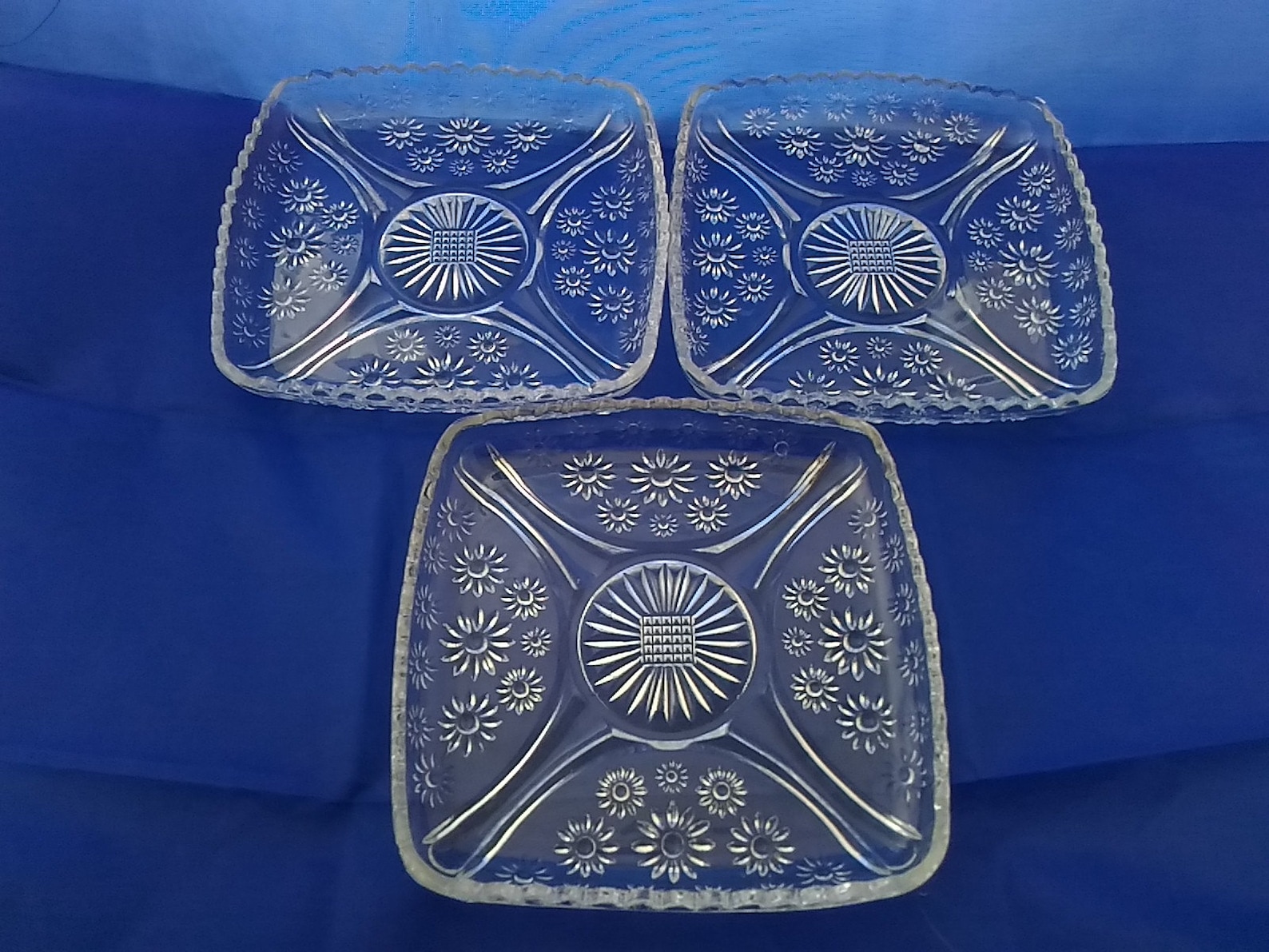 Set of 3 Square Glass Dessert Plates of Pressed Cut Daisies Etsy