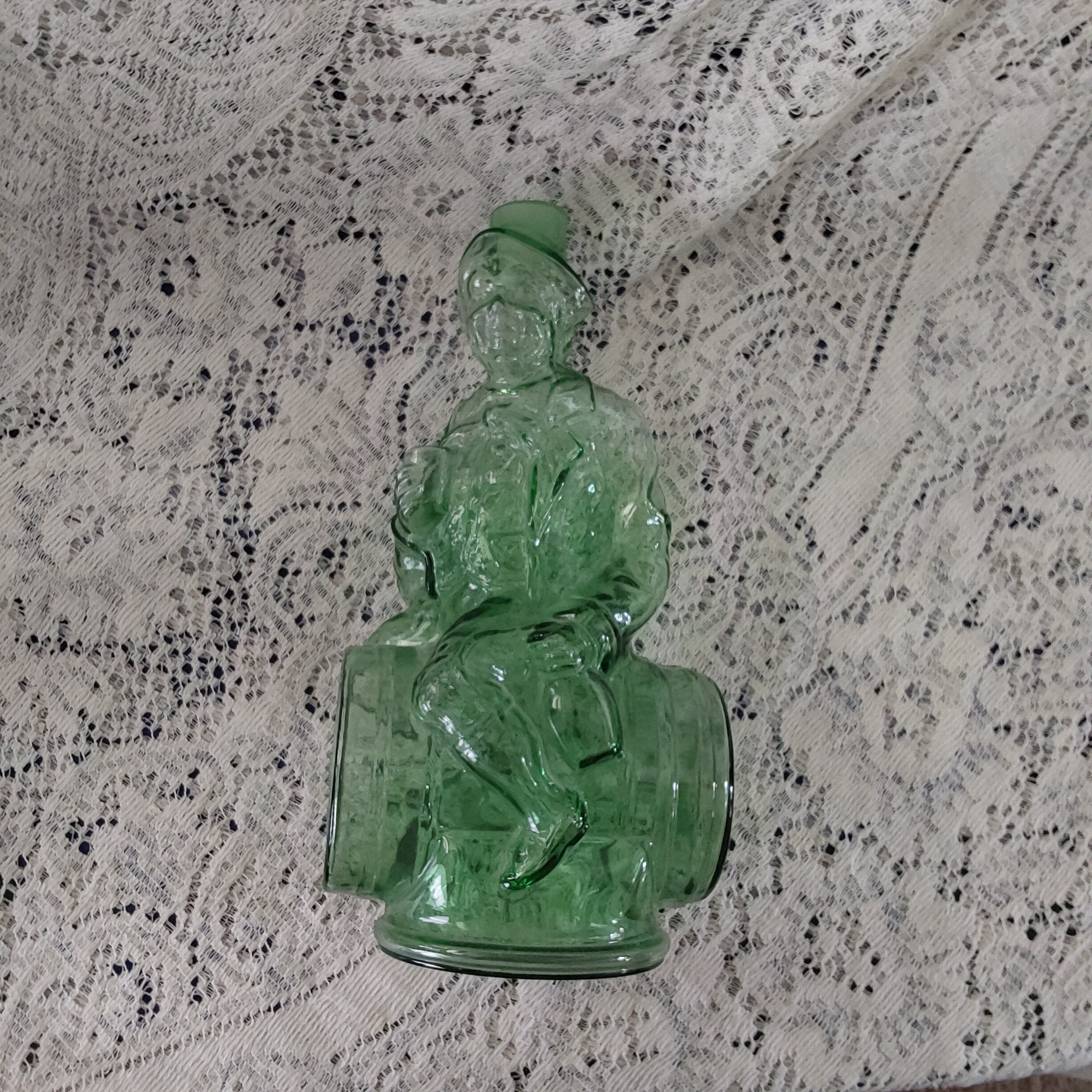 Green Transparent Glass Decanter of a Rodeo Clown on a Barrel ...