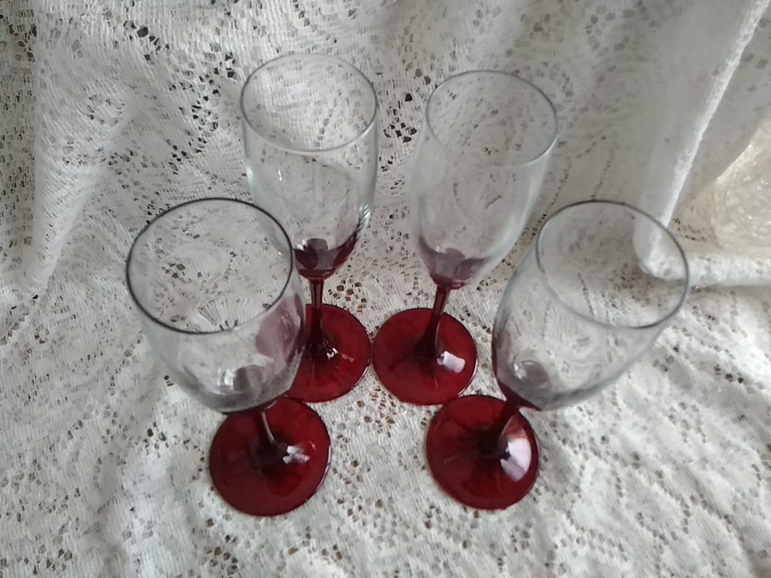 A Set 46 Oz Red Stemmed Champagne Clear Glass Flutes. Bar 1018 Etsy