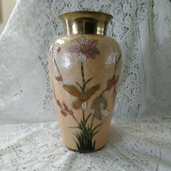 This is a solid brass 8.5 inch tall hand enamel painted cloisonne floral design vase.  Vase 319