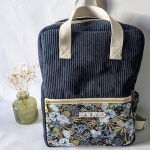 Sac à dos adulte velours bleu marine et coton fleuri