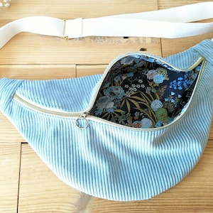 Sky blue corduroy and printed cotton fanny pack
