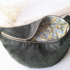 Khaki corduroy and matching floral print cotton fanny pack