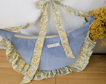 Half-moon crescent moon bag with tie, blue corduroy and floral cotton