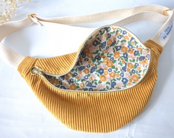 Sac banane taille M enfant ado en velours côtelé ocre et coton assorti