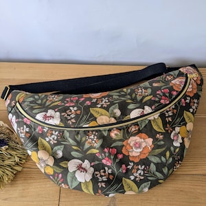 Black floral cotton fanny pack