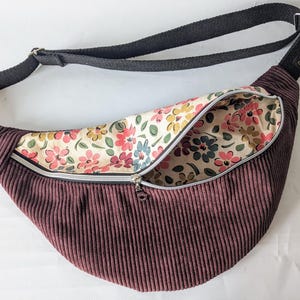 Plum corduroy and matching floral print cotton fanny pack