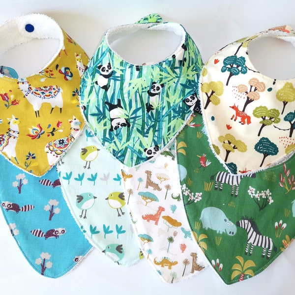 Semainier, lot de 7 bavoirs bandana naissance bébé en coton imrpimé animaux et éponge