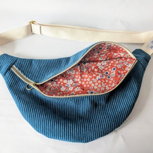 Blue corduroy and printed cotton fanny pack