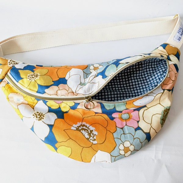 Sac banane en coton fleuri style vintage et doublure vichy