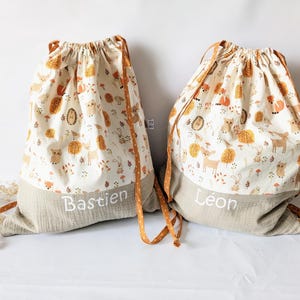 Sac à dos pochon renards enfant, sac maternelle, crèche coton doublé personnalisable