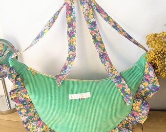 Half-moon crescent moon bag with tie, green corduroy and Liberty print