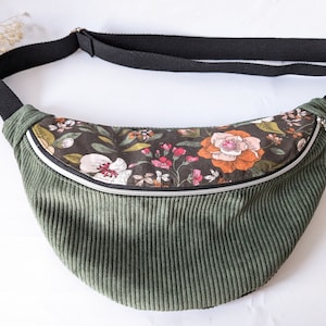 Khaki green corduroy and printed cotton fanny pack