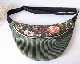Belt bag in khaki green corduroy and printed cotton