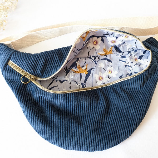 Sac banane en velours côtelé denim et coton imprimé hirondelles