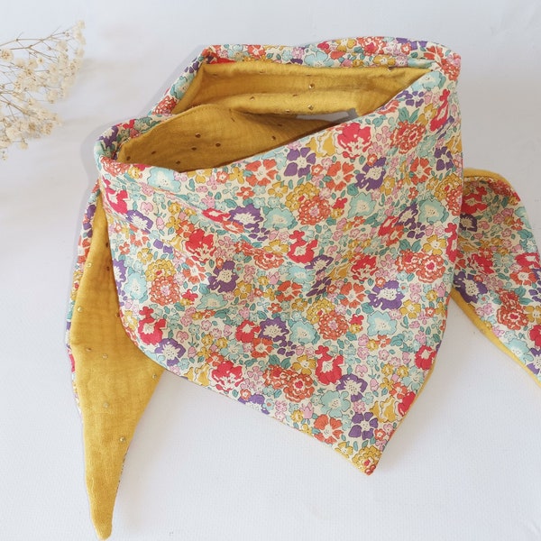 Chèche, écharpe foulard,bandana enfant liberty betsy/double gaze pois dorés