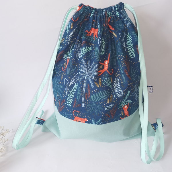 Sac à dos pochon jungle enfant, sac maternelle, crèche coton doublé personnalisable