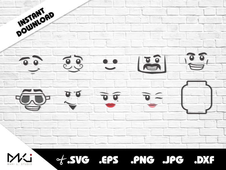 K&ouml;nnte beinhalten: Ein Satz von 10 Schwarzwei&szlig;-Digital-Clipart-Bildern von Lego-Minifiguren-Gesichtern mit verschiedenen Ausdr&uuml;cken. Die Bilder beinhalten ein l&auml;chelndes Gesicht, ein Gesicht mit einem Schnurrbart, ein zwinkerndes Gesicht, ein Gesicht mit Bart und Schnurrbart, ein Gesicht mit einem Stirnrunzeln, ein Gesicht mit einer Sonnenbrille, ein Gesicht mit einem verschmitzten L&auml;cheln, ein Gesicht mit Lippenstift, ein Gesicht mit einem Zwinkern und Lippenstift und ein leerer Lego-Minifigurenkopf.