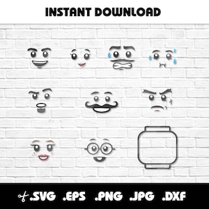May include: A set of 10 black and white digital illustrations of Lego minifigure faces with different expressions. The faces include happy, sad, surprised, angry, and more. The illustrations are perfect for use in digital projects, such as websites, social media, and presentations.