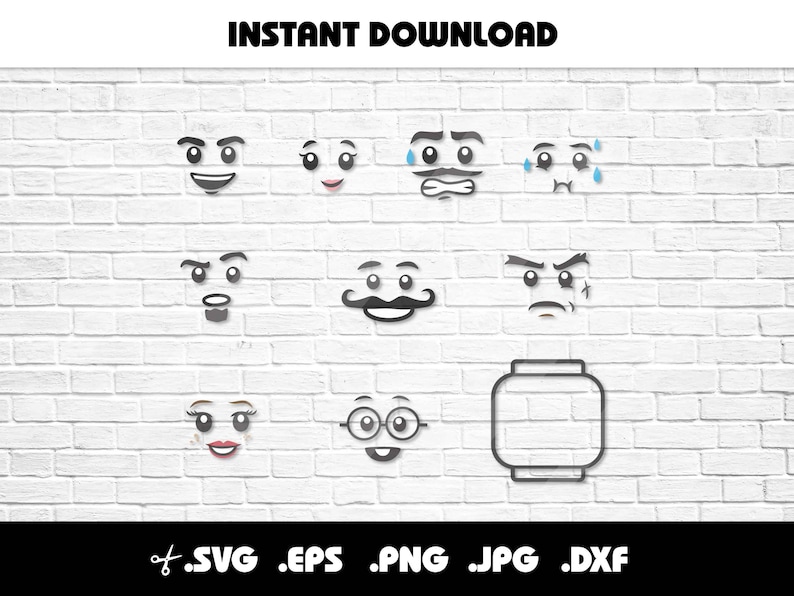 May include: A set of 10 black and white digital illustrations of Lego minifigure faces with different expressions. The faces include happy, sad, surprised, angry, and more. The illustrations are perfect for use in digital projects, such as websites, social media, and presentations.