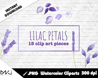 Lilac Purple Lavender floral Leaves Petal Watercolor Cliparts PNG for DIY Crafts