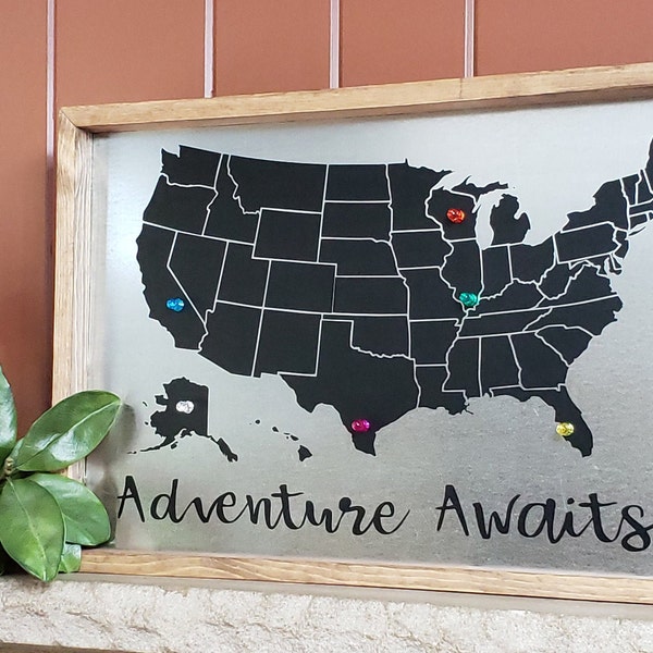 US map Adventure Awaits, Magnetic map, Home Decor