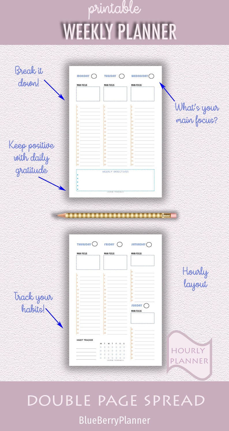 Weekly Planner Hourly Planner Two Page Layout Productivity Etsy