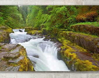May include: A scenic landscape photograph of a river cascading over moss-covered rocks. Lush green foliage surrounds the water, creating a vibrant contrast with the flowing white water. The image captures a natural, serene environment.