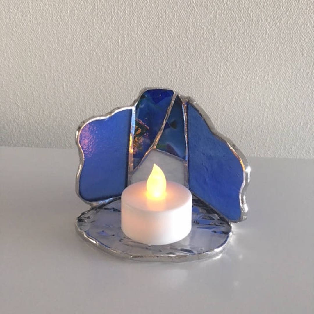LED Candle Holder Blue Glass Bay View Etsy