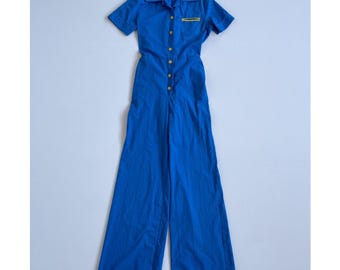 Vtg 70s SEARS JR. Bazaar Blue Collared Bellbottom Jumpsuit / Sz 9 / Retro Flares