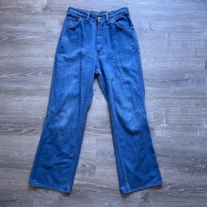 Vtg 70&#39;s Blue Denim Flared Bellbottom Jeans 28&quot; w Retro High Rise Boho Hippie