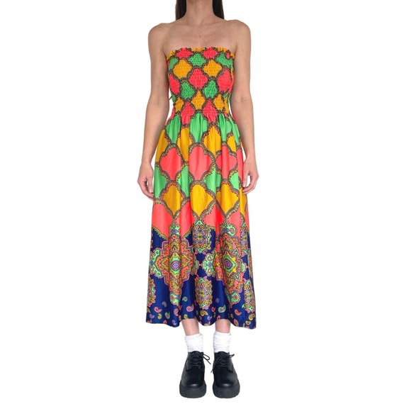 Neon Paisley Strapless Dress - 1970's Colorful Ruc