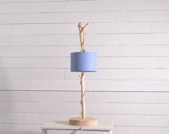 Wood table lamp, bedside branch lamp with blue lampshade