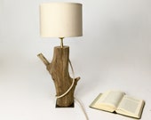 Bed side lamp, weathered wood branch with cotton lamp shade
