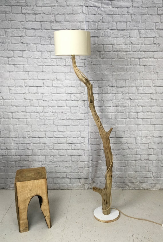 Weathered Oak Branch Floor Lamp Cotton Lampshade And Jute Cable