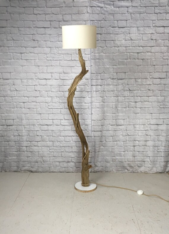 Weathered Oak Branch Floor Lamp Cotton Lampshade And Jute Cable
