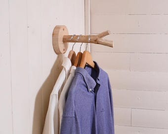 Perchero de pared de madera natural, barra de pared resistente con rama, gancho para colgar ropa, base redonda.