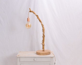 Wooden table lamp, bedside branch lamp with exposed cloth cord